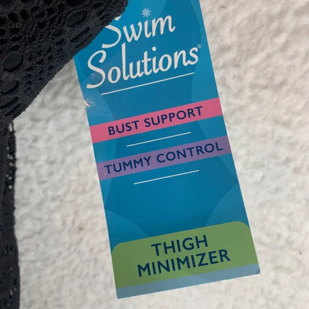 Swim Solutions Women's Tummy Control Flyaway Black Crochet Swimdress Size 10 NWT - Picture 4 of 11
